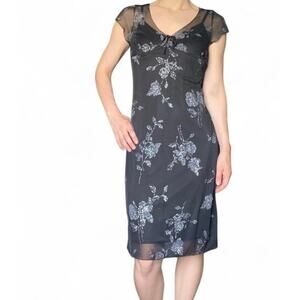 Vintage Y2K 90s Byer Too! Black Mesh Dress Silver Glitter Floral Design Sz M